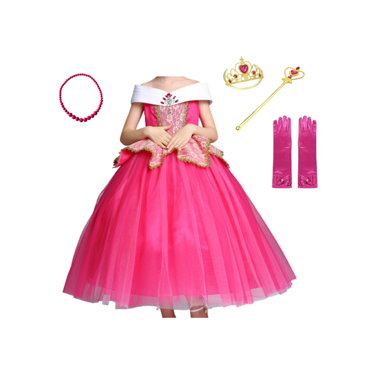 Disney-Inspired Sleeping Beauty Princess Aurora Pink Dress with Accessories.