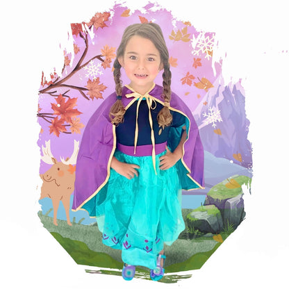 anna frozen 2 dress purple, blue and black dress for kids with cape. dress to impress