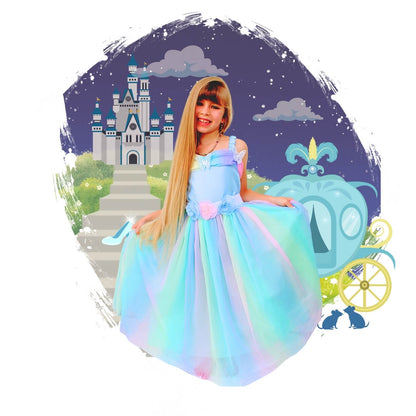 Cinderella inpsired dress with ombre rainbow color, 3d flowers