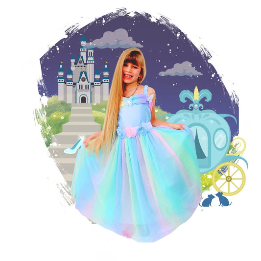 Cinderella inpsired dress with ombre rainbow color, 3d flowers