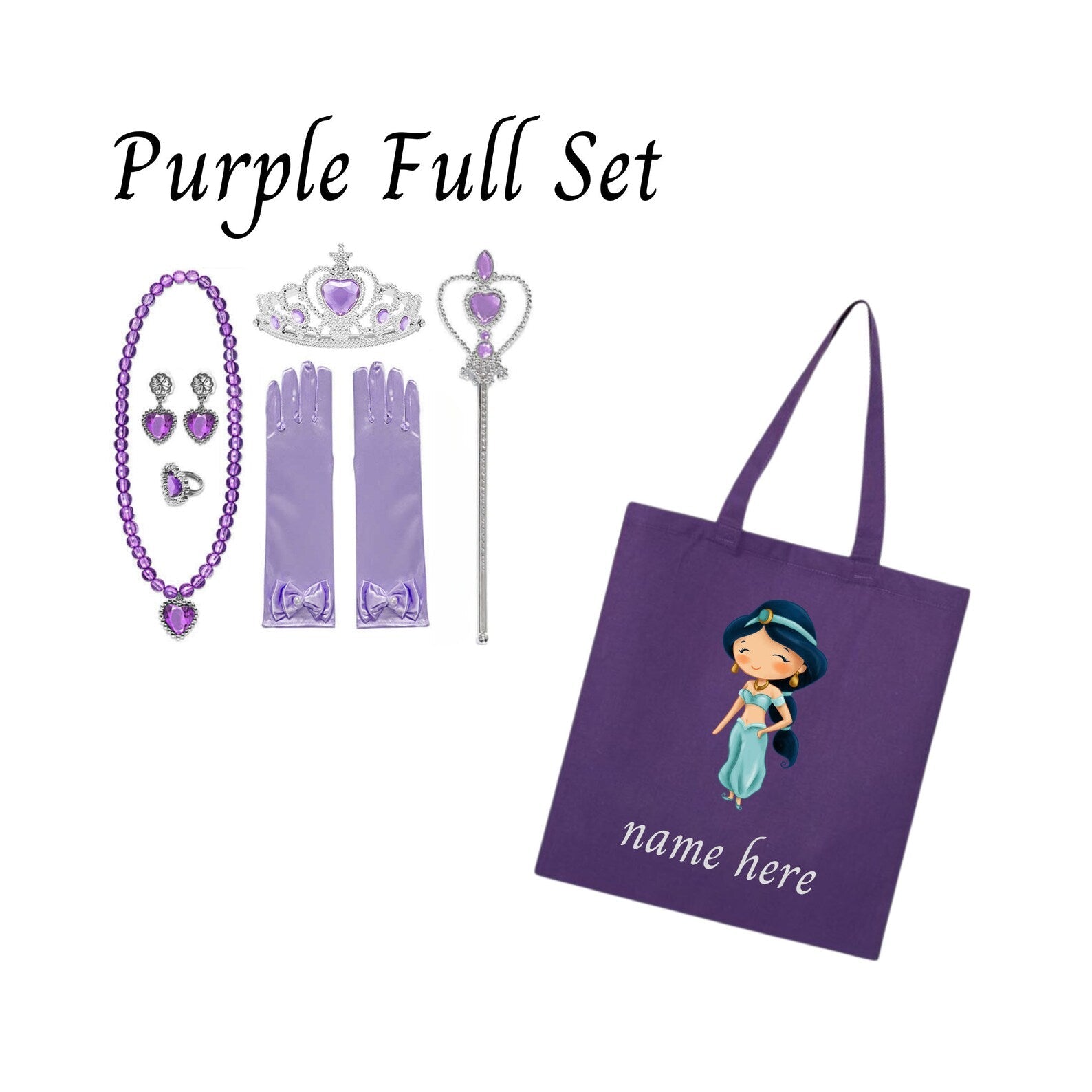 Disney-Inspired Aladdin's Princess Jasmine Accessories with Personalized Tote Bag, Alladin's Princess Jasmine Gift Set Jasmine Purple Full Set (Tote Bag + Accessories)