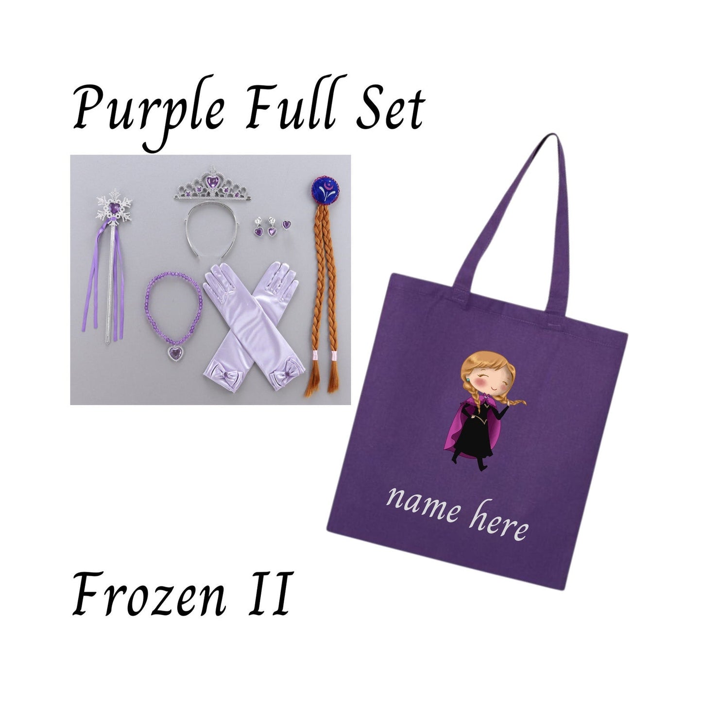 Disney-Inspired Princess Anna Frozen 2 Accessories with Personalized Tote Bag, Princess Anna Frozen 2 Gift Set Anna Purple Full Set (Tote Bag + Accessories)