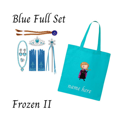 Disney-Inspired Princess Anna Frozen 2 Accessories with Personalized Tote Bag, Princess Anna Frozen 2 Gift Set Anna Blue Full Set (Tote Bag + Accessories)