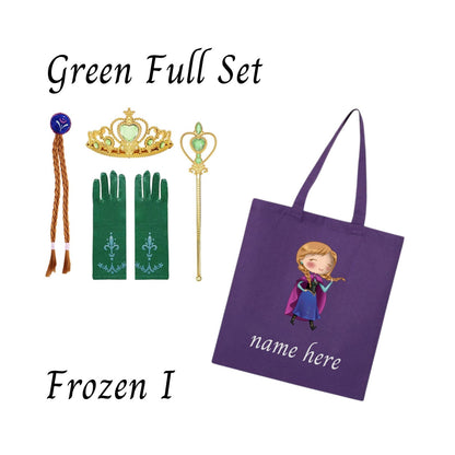 Disney-Inspired Princess Anna Frozen Accessories with Personalized Tote Bag, Princess Anna Frozen Gift Set Anna Green Full Set (Tote Bag + Accessories)