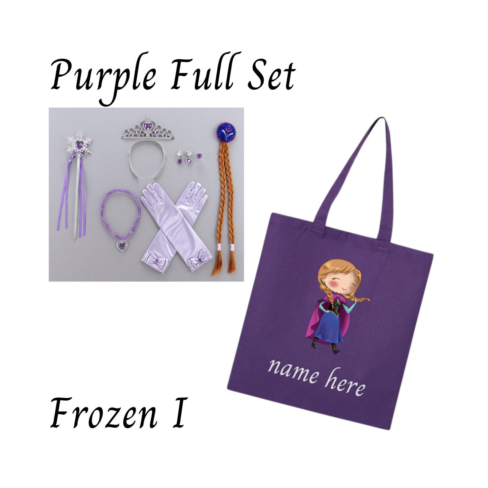 Disney-Inspired Princess Anna Frozen Accessories with Personalized Tote Bag, Princess Anna Frozen Gift Set Anna Purple Full Set (Tote Bag + Accessories)