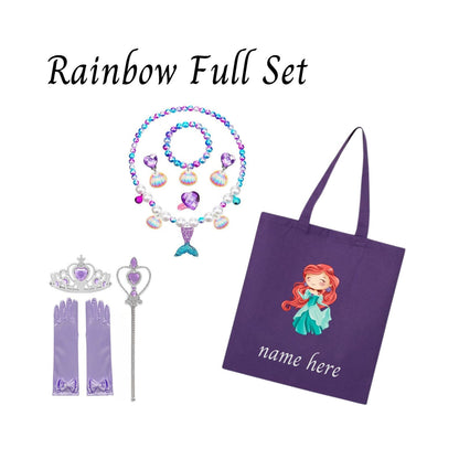 Disney-Inspired Princess Ariel Little Mermaid Accessories with Personalized Tote Bag, Ariel Little Mermaid Gift Set Ariel Purple Rainbow Full Set (Tote Bag + Accessories)