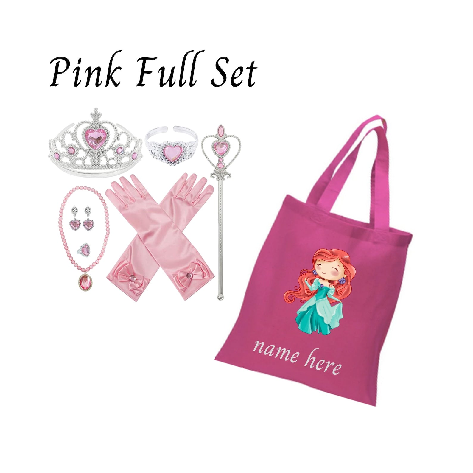 Disney-Inspired Princess Ariel Little Mermaid Accessories with Personalized Tote Bag, Ariel Little Mermaid Gift Set Ariel Pink Full Set (Tote Bag + Accessories)