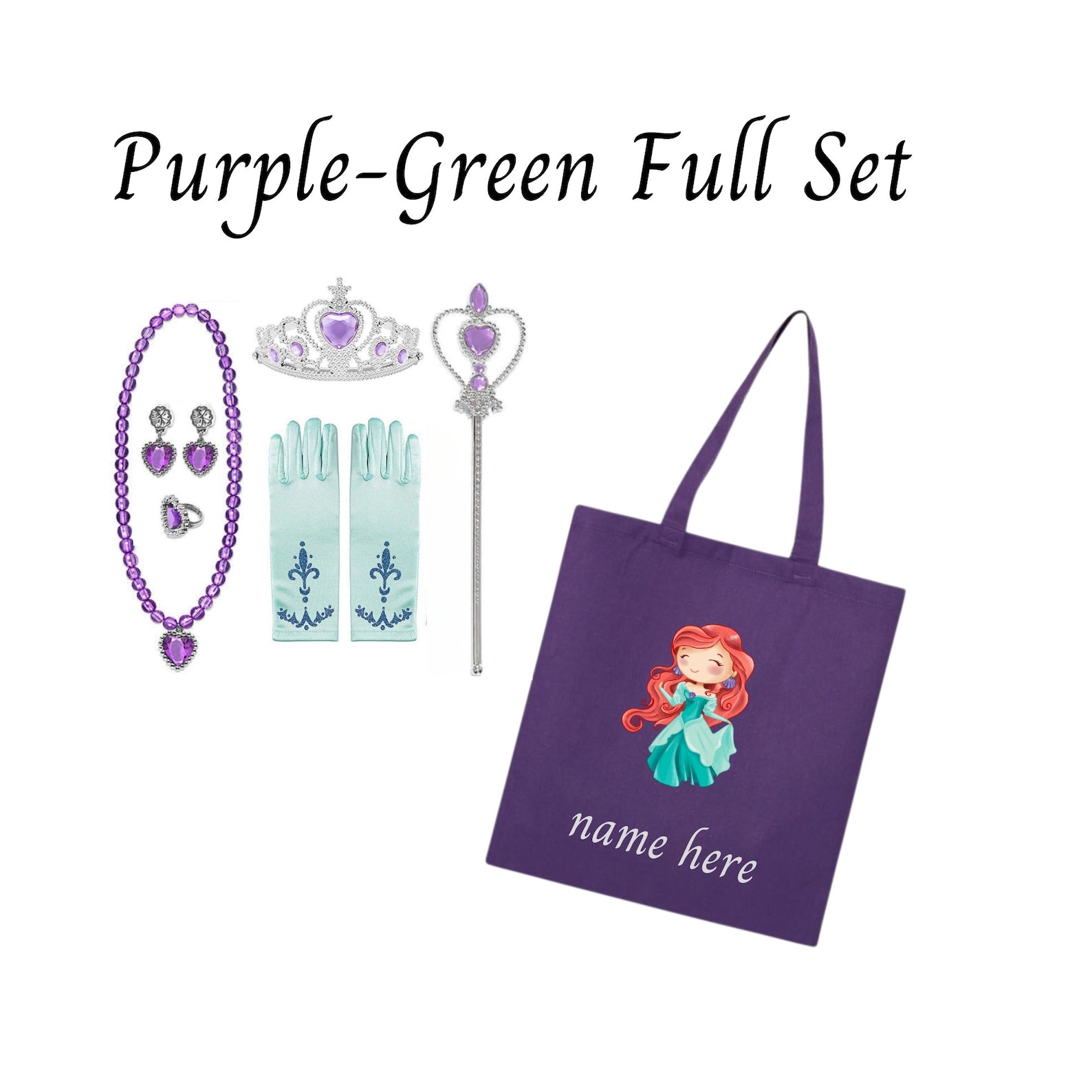 Disney-Inspired Princess Ariel Little Mermaid Accessories with Personalized Tote Bag, Ariel Little Mermaid Gift Set Ariel Purple Green Full Set (Tote Bag + Accessories)