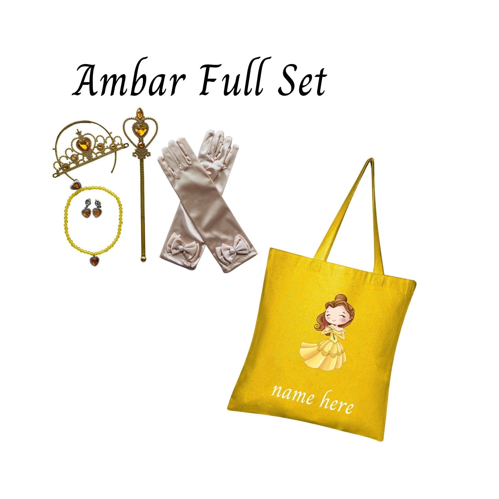 Disney-Inspired Princess Belle Beauty and the Beast Accessories with Personalized Tote Bag, Princess Belle Beauty and the Beast Gift Set Belle Ambar Full Set (Tote Bag + Accessories)