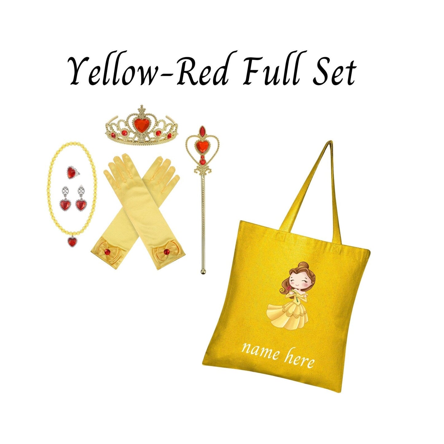 Disney-Inspired Princess Belle Beauty and the Beast Accessories with Personalized Tote Bag, Princess Belle Beauty and the Beast Gift Set Belle Yellow-Red Full Set (Tote Bag + Accessories)