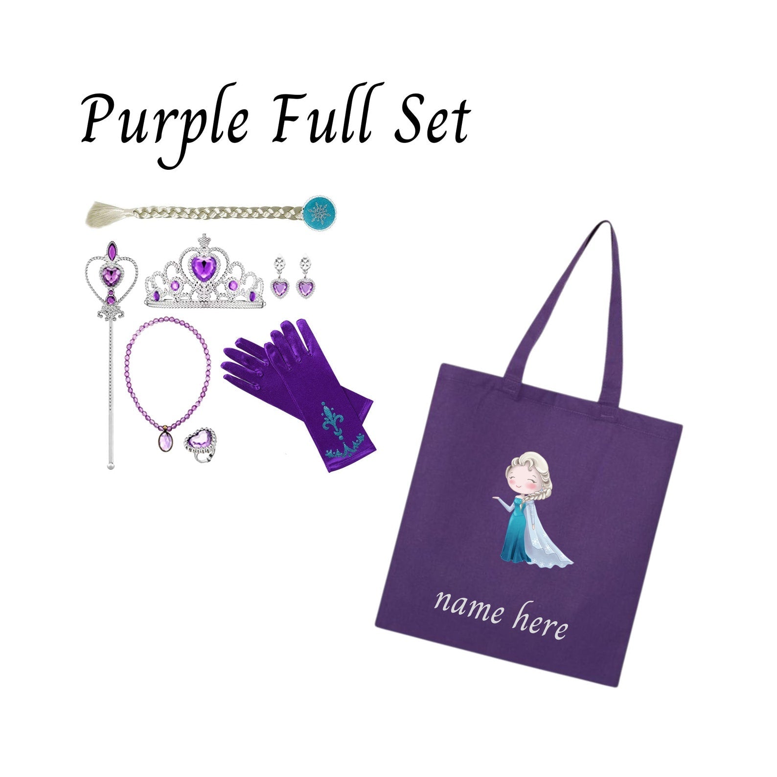 Disney-Inspired Frozen Princess Elsa Personalized Tote Bag Gift Set Elsa Purple Full Set (Tote Bag + Accessories)