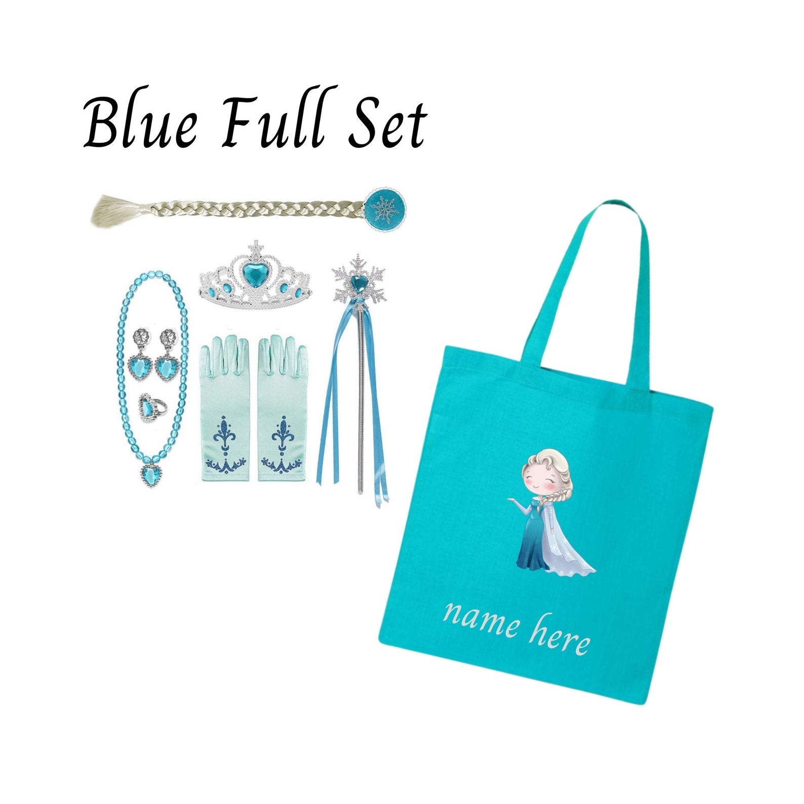 Disney-Inspired Princess Elsa Frozen Accessories with Personalized Tote Bag, Princess Elsa Frozen Gift Set Elsa Blue Full Set (Tote Bag + Accessories)