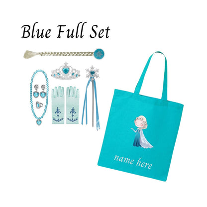 Disney-Inspired Princess Elsa Frozen Accessories with Personalized Tote Bag, Princess Elsa Frozen Gift Set Elsa Blue Full Set (Tote Bag + Accessories)