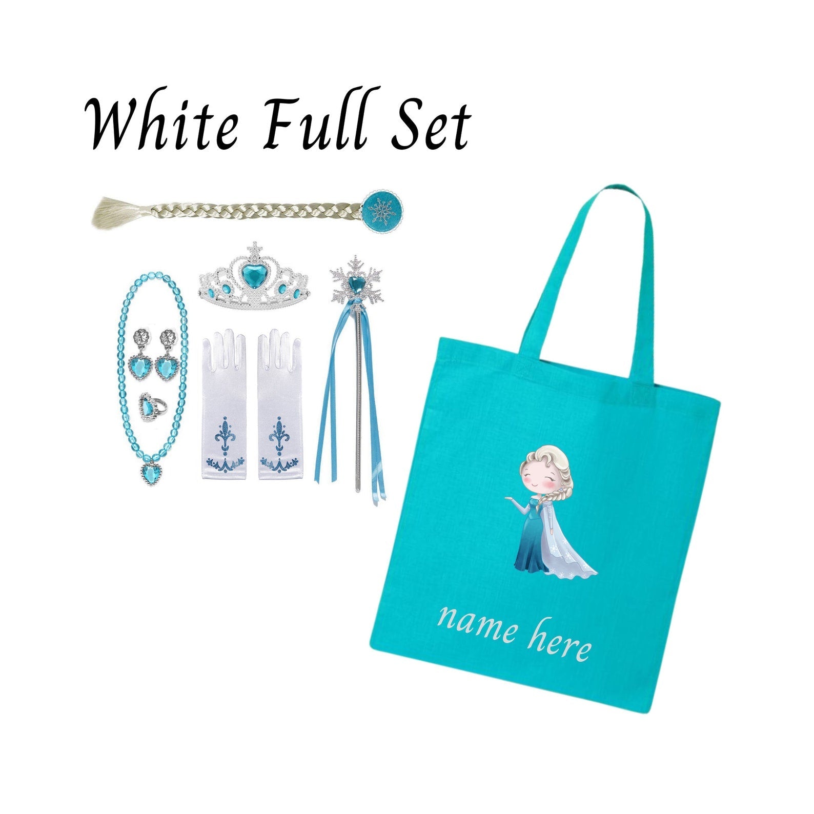 Disney-Inspired Princess Elsa Frozen Accessories with Personalized Tote Bag, Princess Elsa Frozen Gift Set Elsa White Full Set (Tote Bag + Accessories)