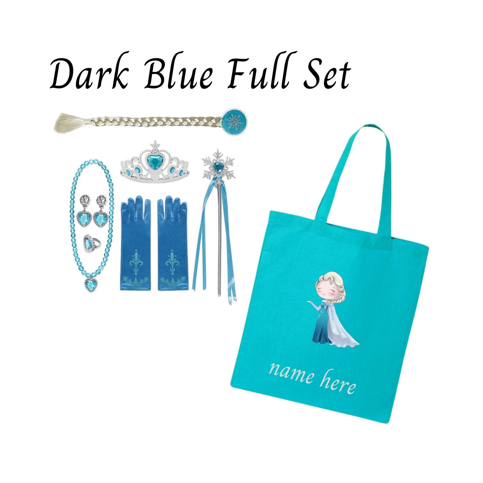 Disney-Inspired Princess Elsa Frozen Accessories with Personalized Tote Bag, Princess Elsa Frozen Gift Set Elsa Dark-Blue Full Set (Tote Bag + Accessories)