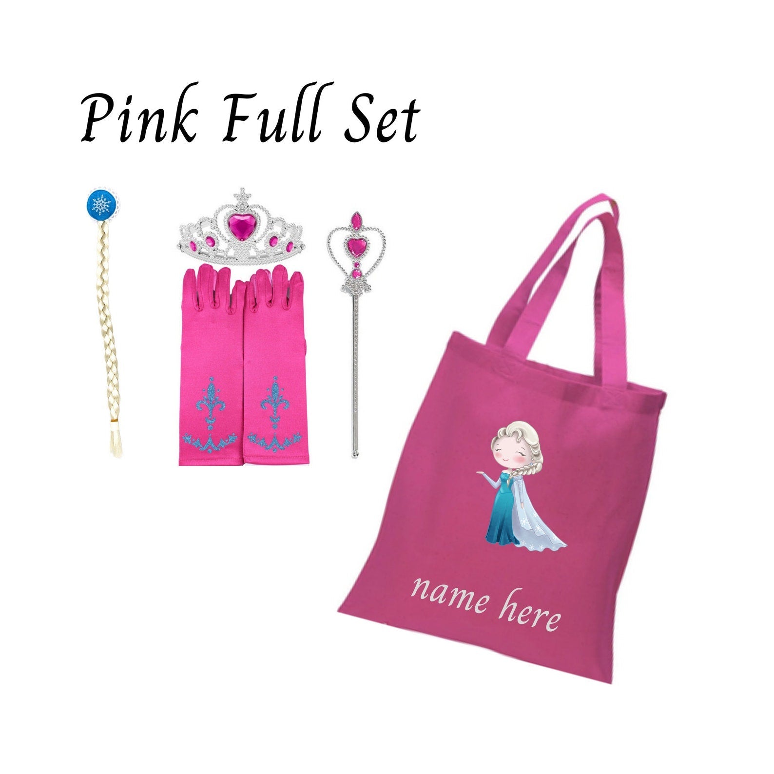 Disney-Inspired Frozen Princess Elsa Personalized Tote Bag Gift Set Elsa Pink Full Set (Tote Bag + Accessories)