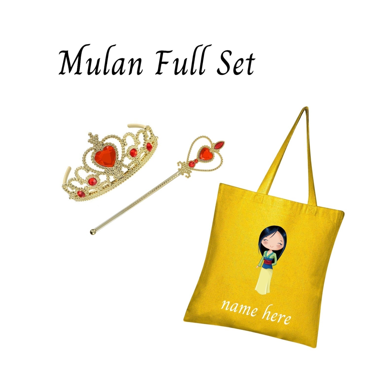 Disney-Inspired Princess Mulan Accessories with Personalized Tote Bag, Princess Mulan Gift Set Mulan Full Set (Tote Bag + Accessories)