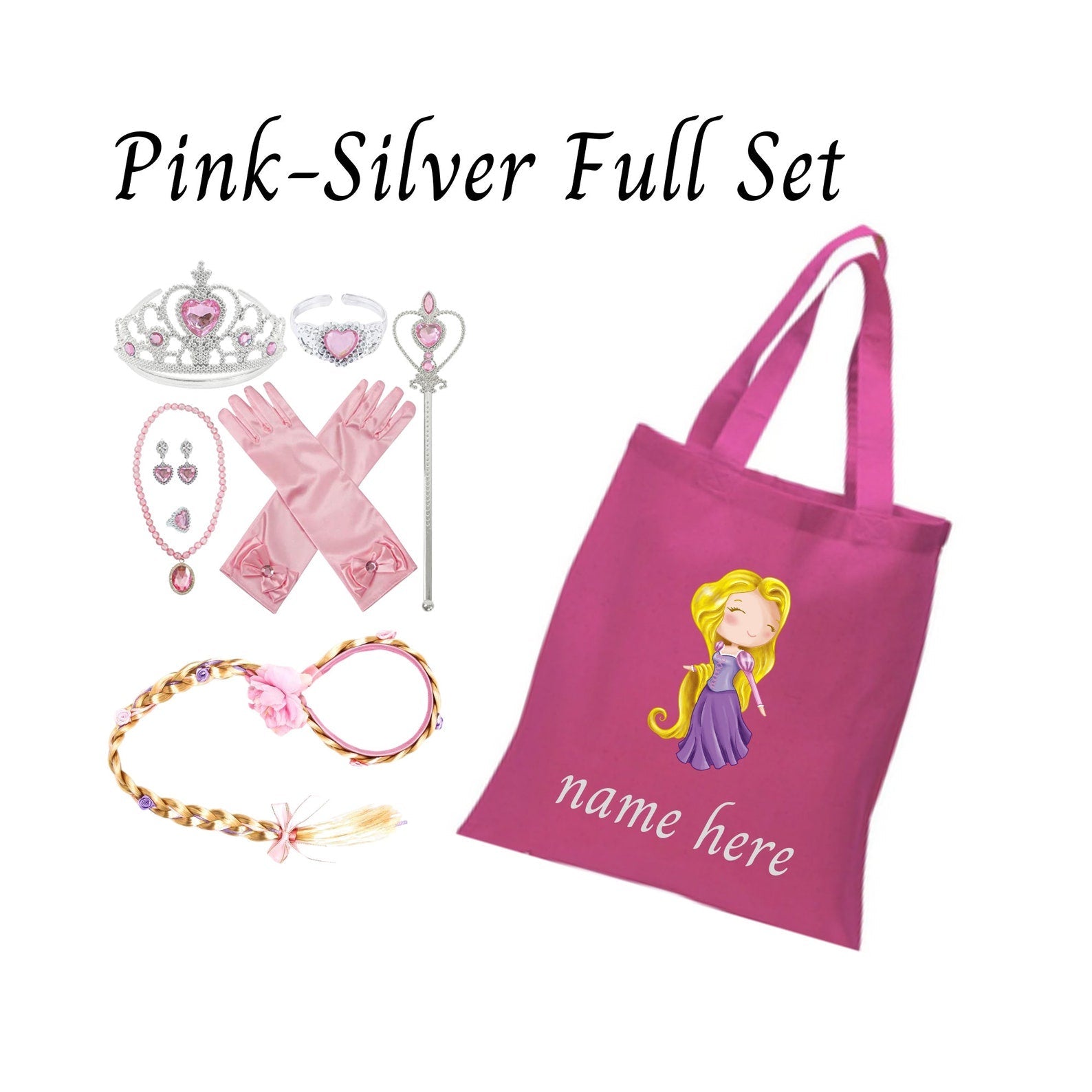 Disney-Inspired Princess Rapunzel Tangled Accessory Set + Personalized Tote Bag, Princess Rapunzel Tangled Gift Set Rapunzel Pink-Silver Full Set (Tote Bag + Accessories)