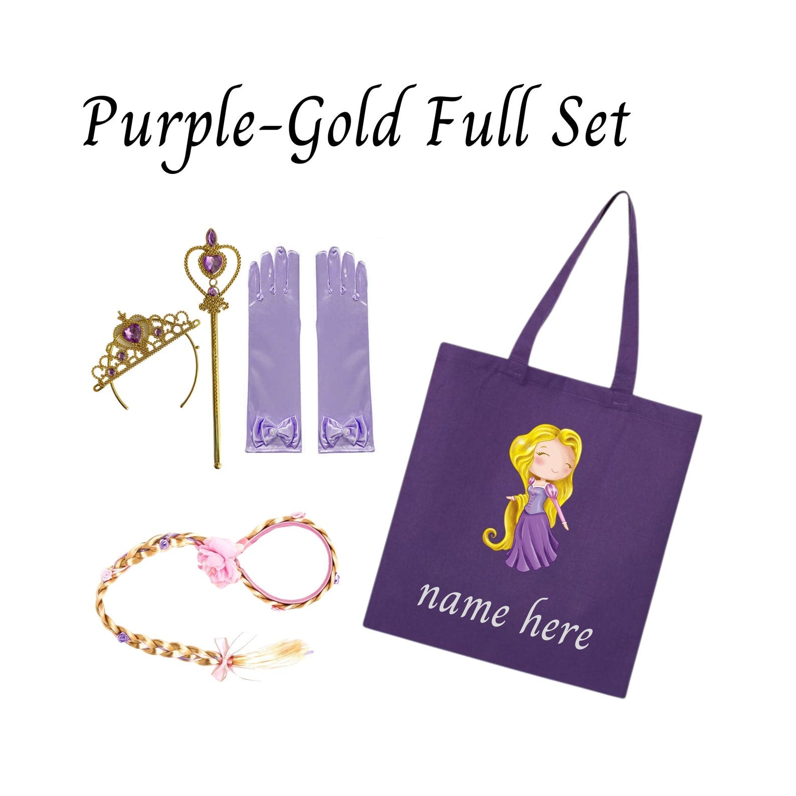 Disney-Inspired Princess Rapunzel Tangled Accessory Set + Personalized Tote Bag, Princess Rapunzel Tangled Gift Set Rapunzel Purple-Gold Full Set (Tote Bag + Accessories)