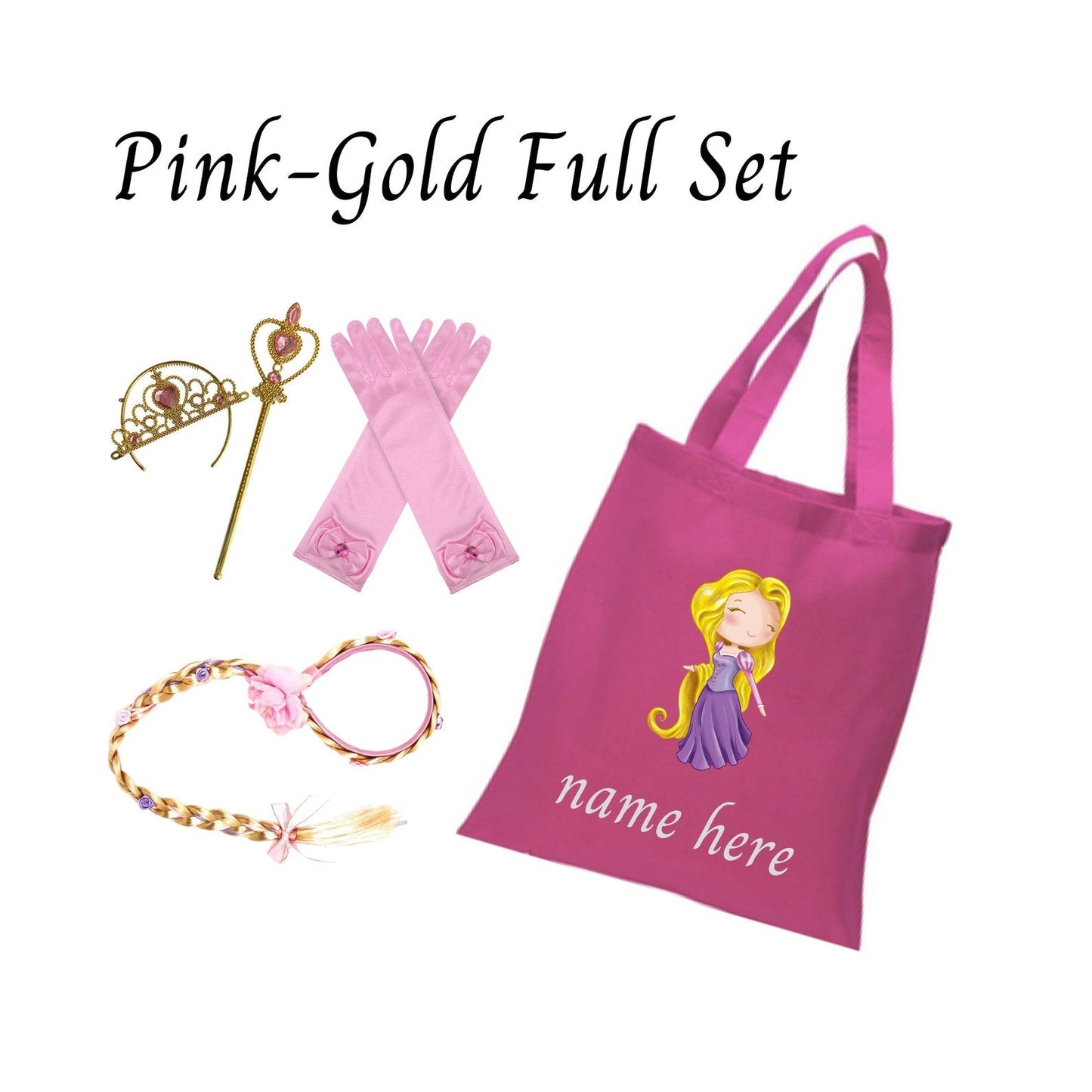 Disney-Inspired Princess Rapunzel Tangled Accessory Set + Personalized Tote Bag, Princess Rapunzel Tangled Gift Set Rapunzel Pink-Gold Full Set (Tote Bag + Accessories)