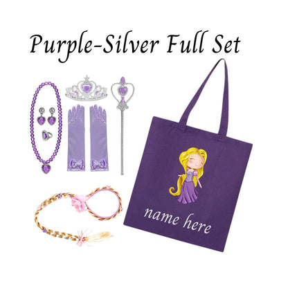 Disney-Inspired Princess Rapunzel Tangled Accessory Set + Personalized Tote Bag, Princess Rapunzel Tangled Gift Set Rapunzel Purple-Silver Full Set (Tote Bag + Accessories)