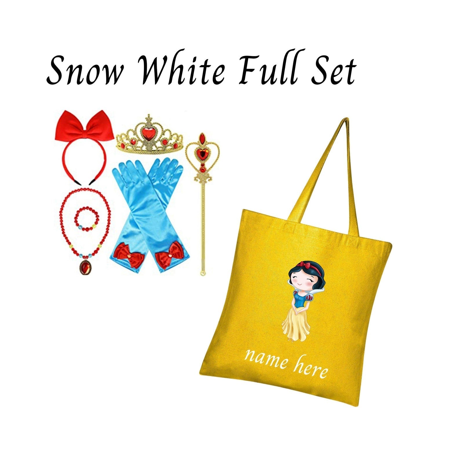 Disney-Inspired Princess Snow White "Blanca Nieves" Accessories with Personalized Tote Bag, Princess Snow White Gift Set. Snow White Full Set (Tote Bag + Accessories)