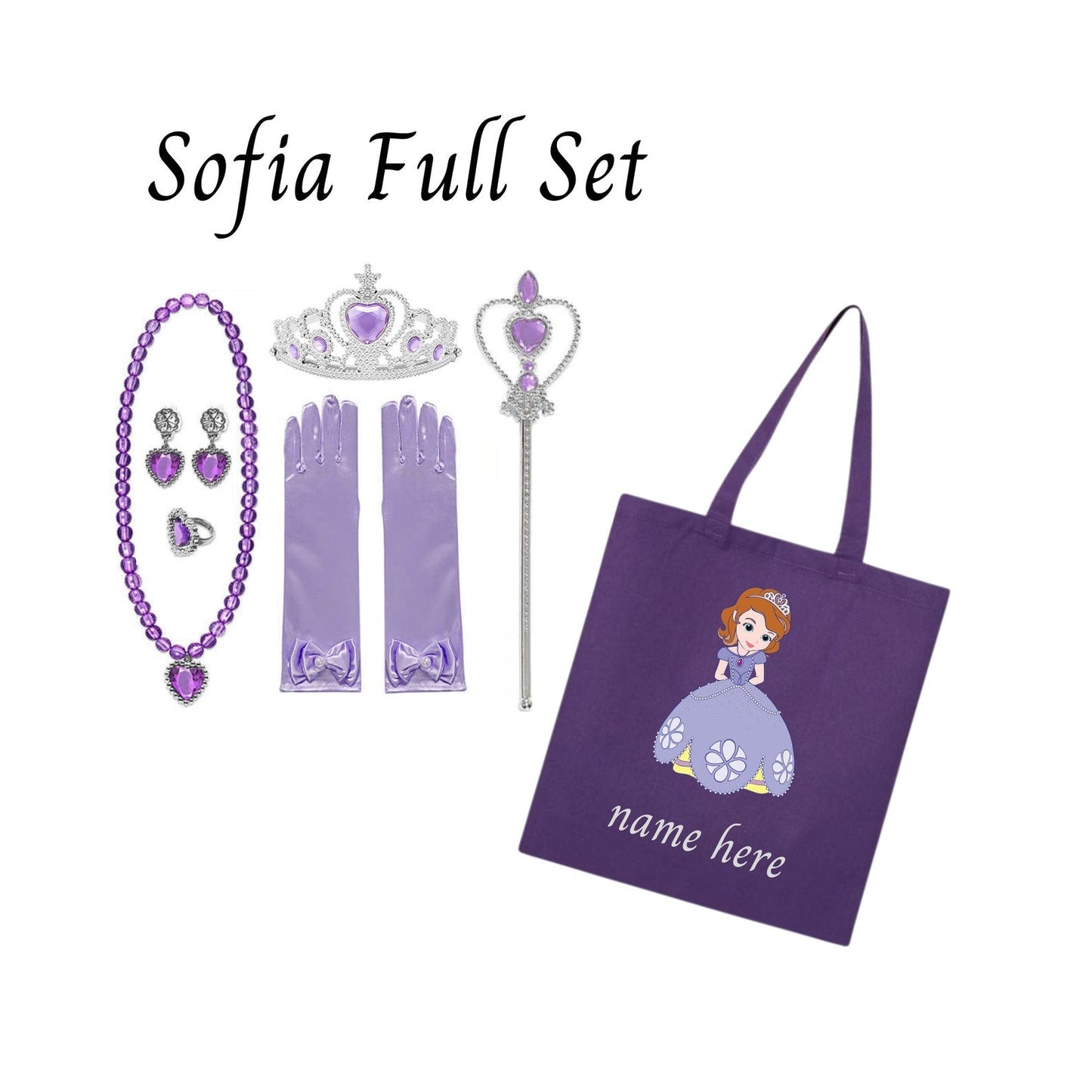 Disney-Inspired Princess Sofia the First Accessories with Personalized Tote Bag, Princess Sofia the First Gift Set, Sofia the 1st Sofia Full Set (Tote + Accessories)