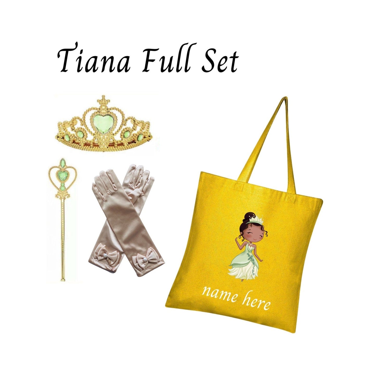 Disney-Inspired Princess Tiana Accessories with Personalized Tote Bag, Princess Tiana Gift Set Tiana Full Set (Tote Bag + Accessories)