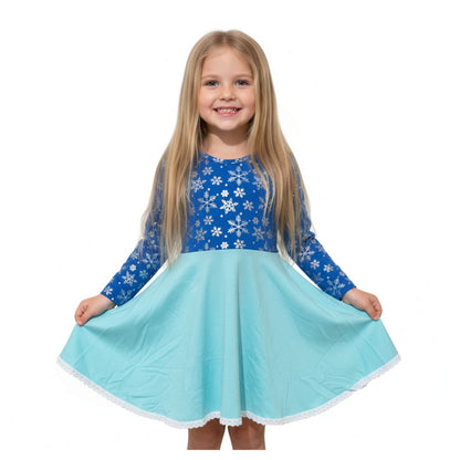 Frozen Elsa Inspired Dress for Girls Longsleeves Snowflakes