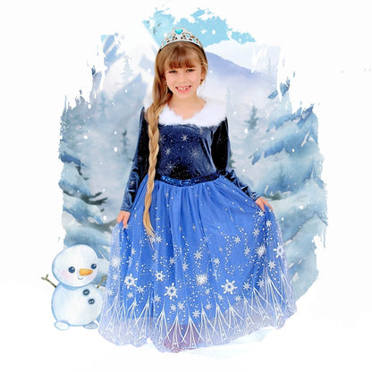 navy blue elsa dress with feather collar for girls ages 2-12