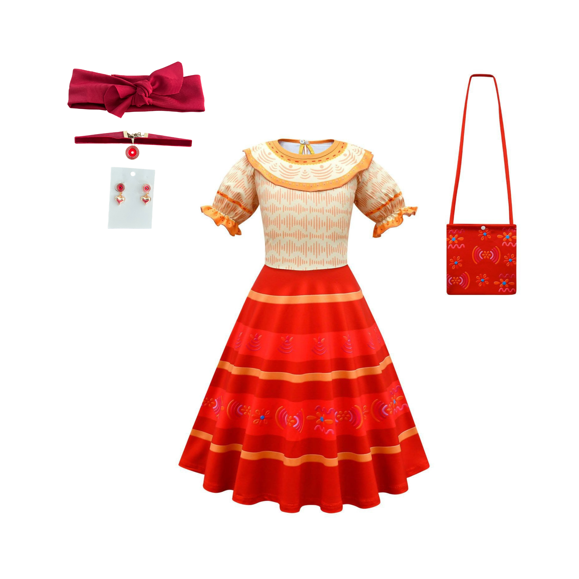 Encanto Dolores Dress and Bag with Inspired Costume Dress-up Set, Headpiece, Earrings, and Necklace