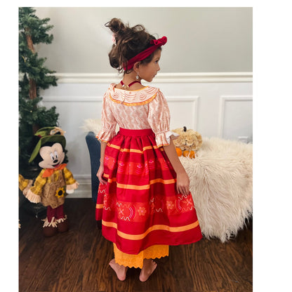 Encanto Dolores Dress with Beautiful Cotton Lace Trim, Costume Set with Headpiece, Earrings, and Necklace