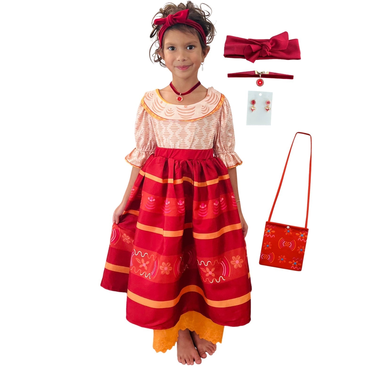 Encanto Dolores Dress with Beautiful Cotton Lace Trim, Costume Set with Headpiece, Earrings, and Necklace