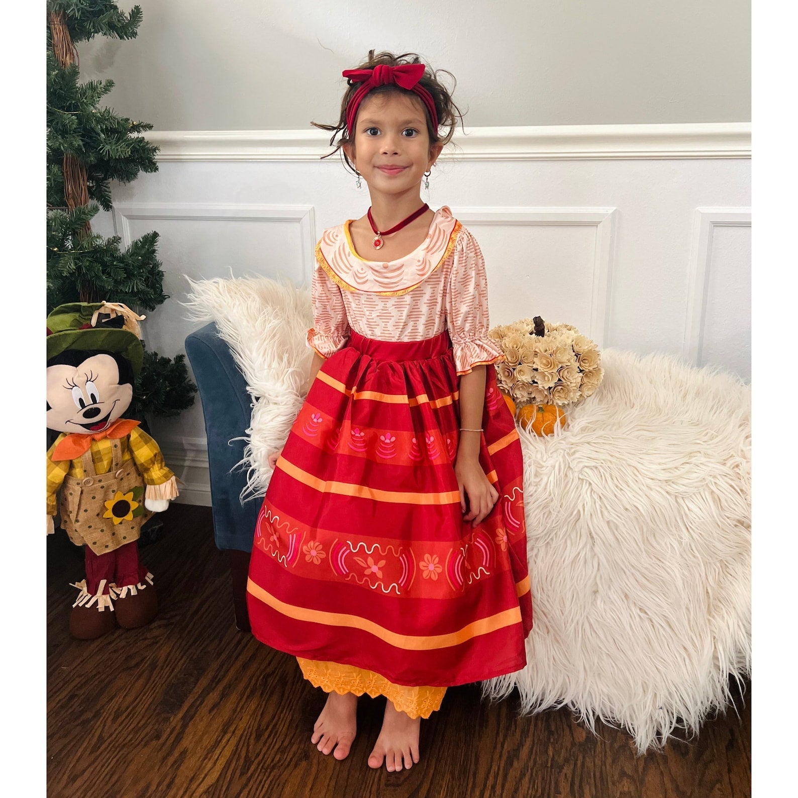 Encanto Dolores Dress with Beautiful Cotton Lace Trim, Costume Set with Headpiece, Earrings, and Necklace