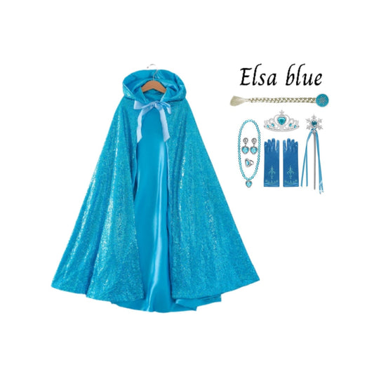 Princess Cloak - Hooded Cape Cloak with Accessories, Elsa, Ariel, and Rapunzel Inspired Gift Set Elsa Blue