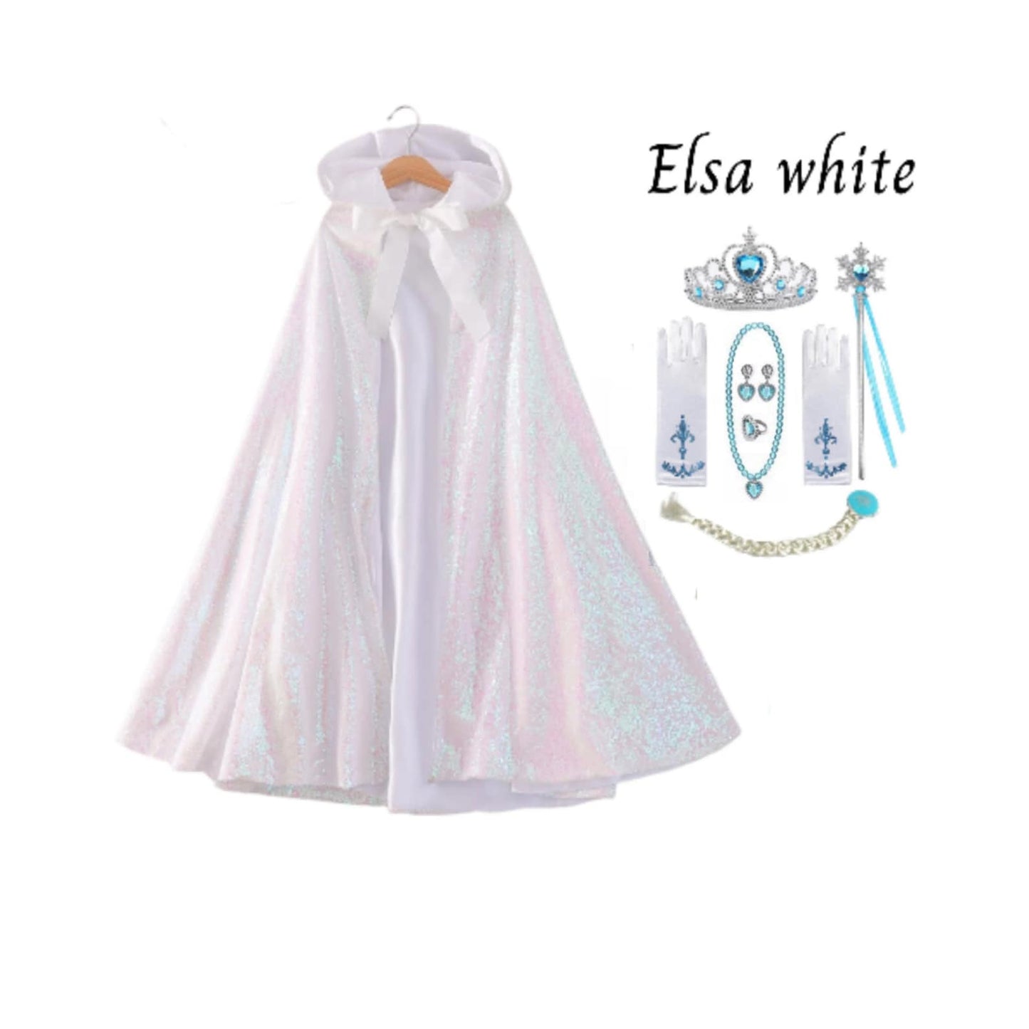 Princess Cloak - Hooded Cape Cloak with Accessories, Elsa, Ariel, and Rapunzel Inspired Gift Set Elsa White