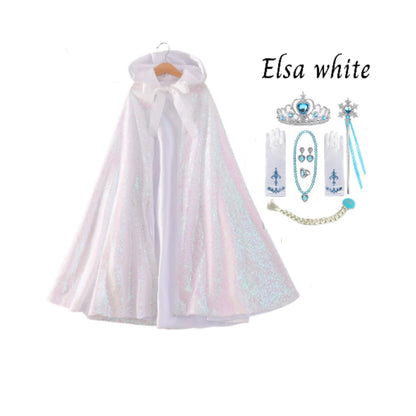 Princess Cloak - Hooded Cape Cloak with Accessories, Elsa, Ariel, and Rapunzel Inspired Gift Set Elsa White