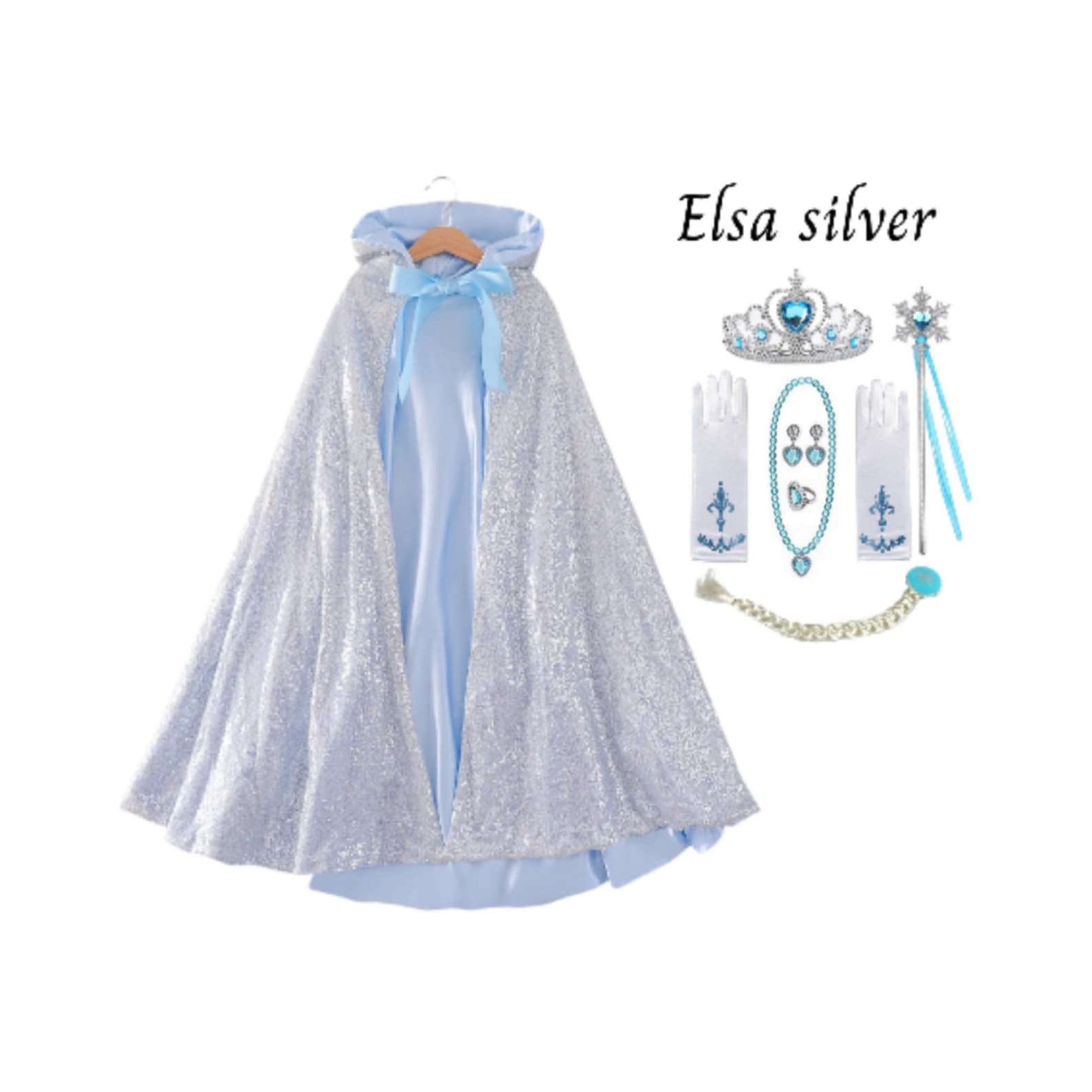 Princess Cloak - Hooded Cape Cloak with Accessories, Elsa, Ariel, and Rapunzel Inspired Gift Set Elsa Silver