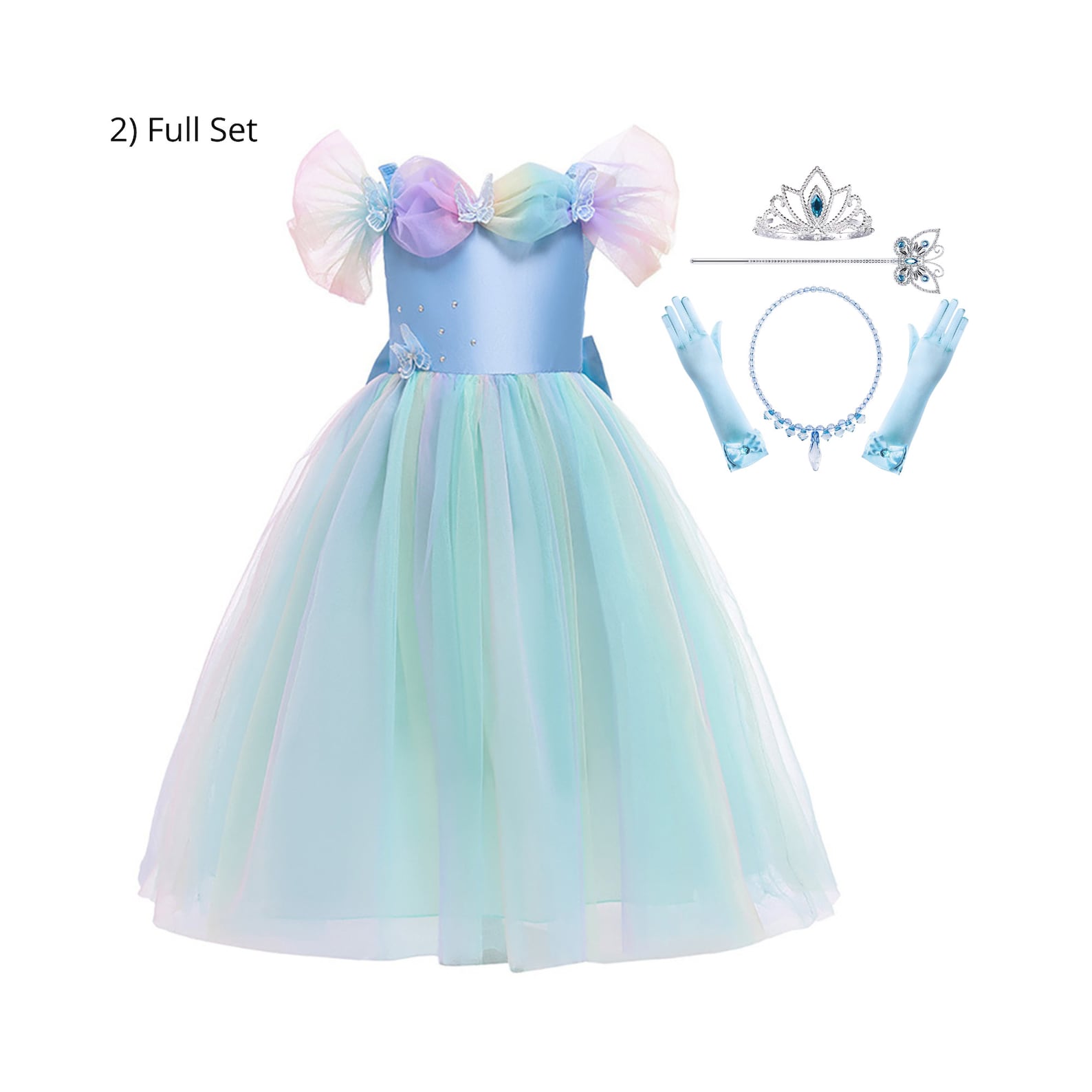 Rainbow Butterfly Cinderella Princess Dress and Accessories Full Set