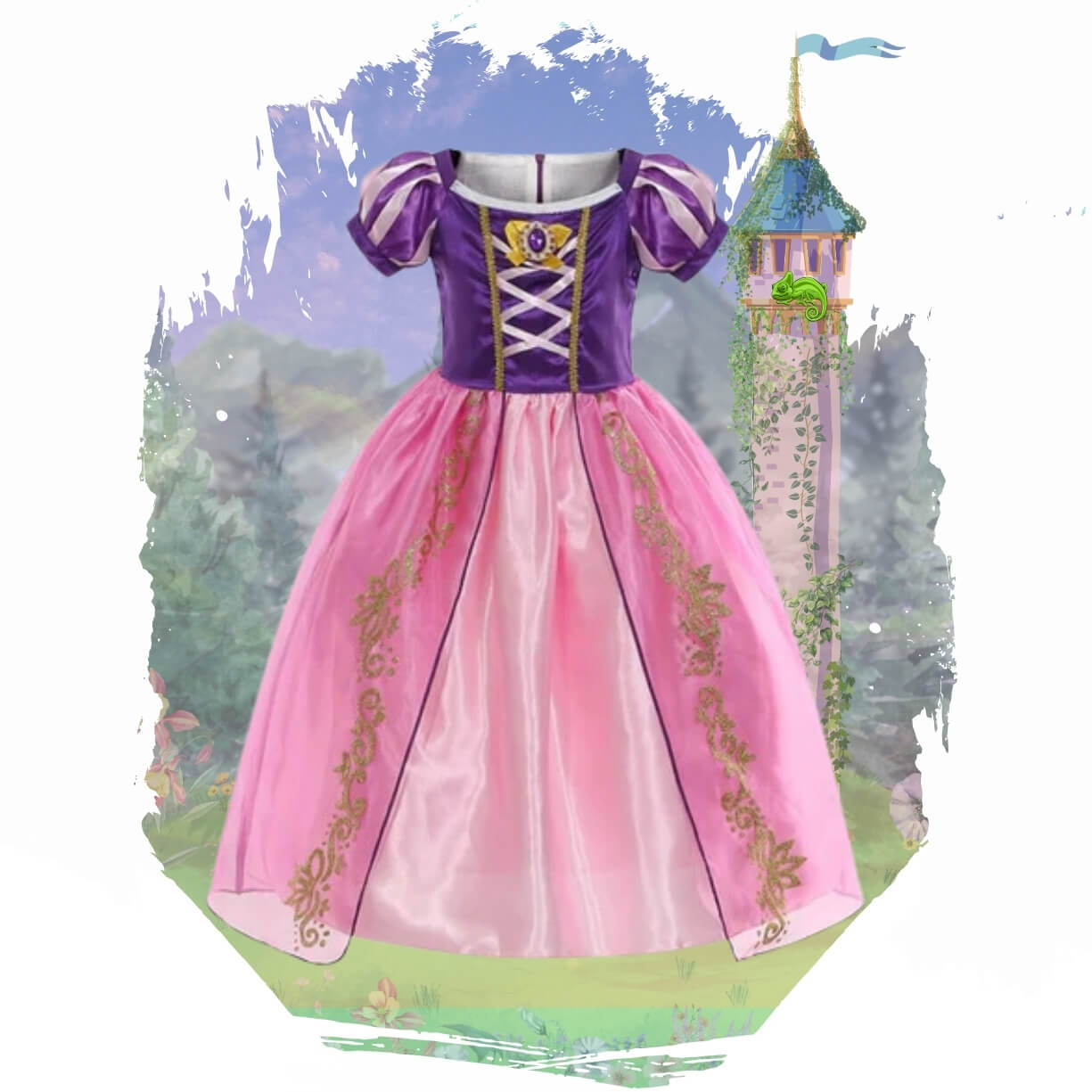 rapunzel ball gown for kids and toddlers. purple puff sleeve dress tangled movie