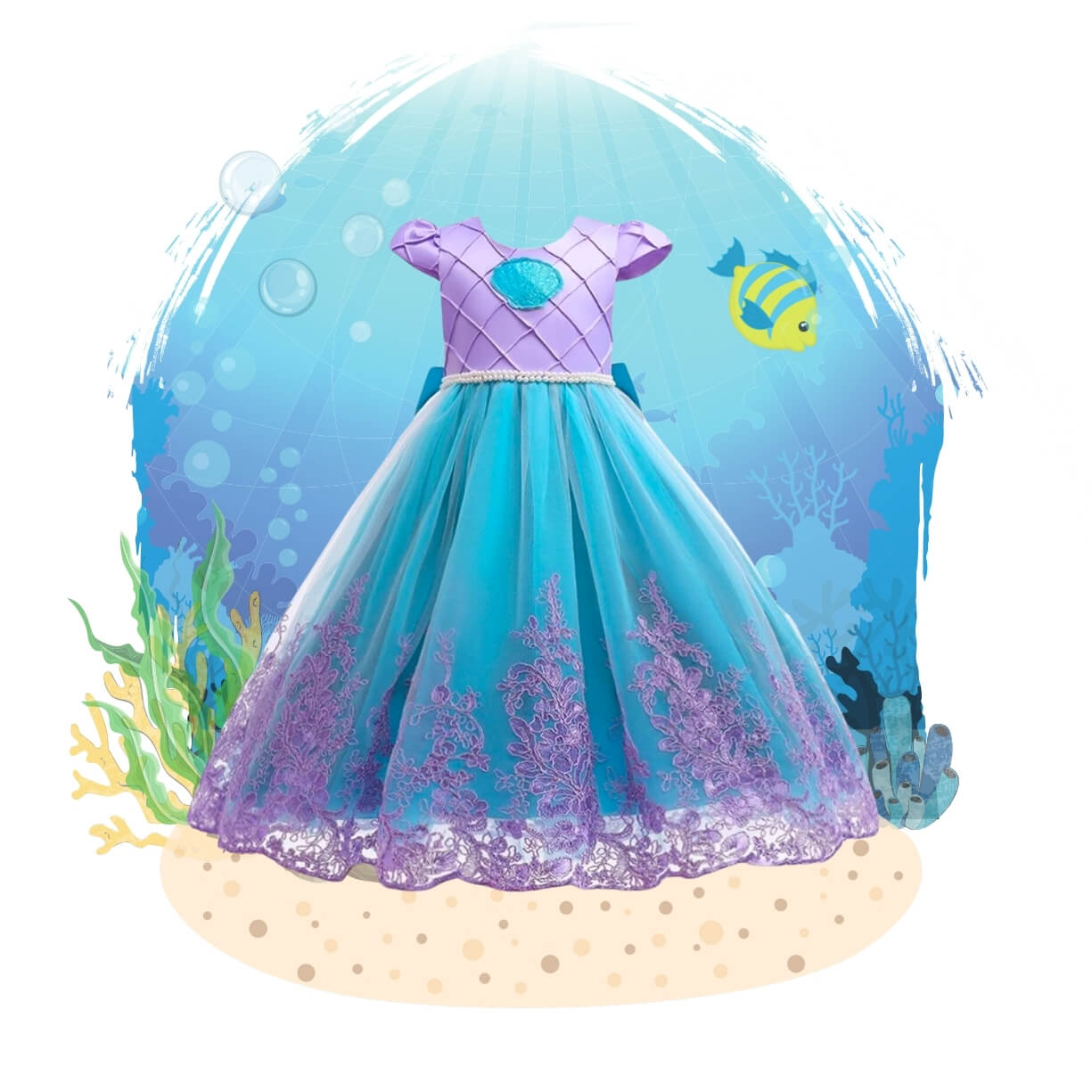 ariel inspired little mermaid dress for kids and toddlers color blue purple with lace. ariel dress to impress