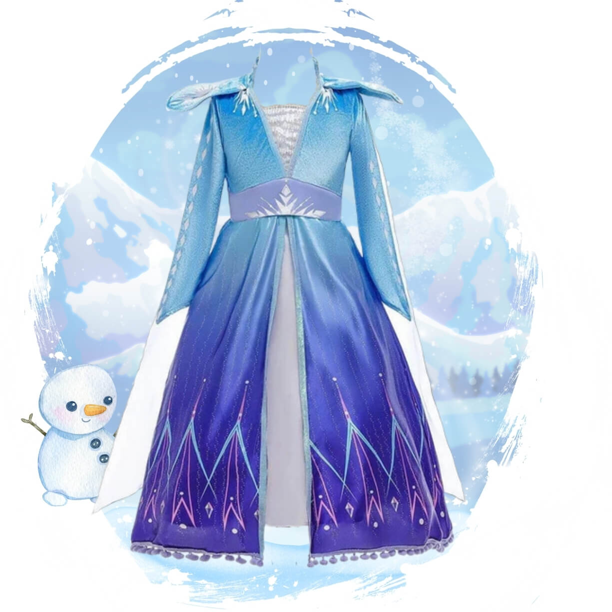 queen elsa dress in frozen 2 for kids and toddlers. the dress is color blue, violet and white with silver ornaments