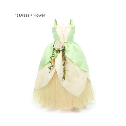 Deluxe Disney-Inspired Princess Tiana Costume Dress for Birthday and Beyond Dress+Flower