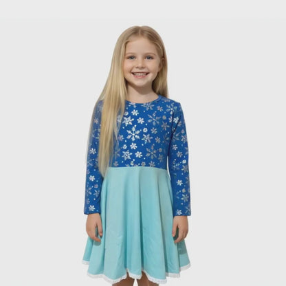 Frozen Elsa Inspired Dress for Girls Longsleeves Snowflakes