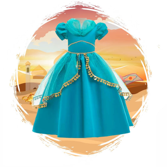 jasmine teal gown with gold lining and beads. deluxe gown for girls