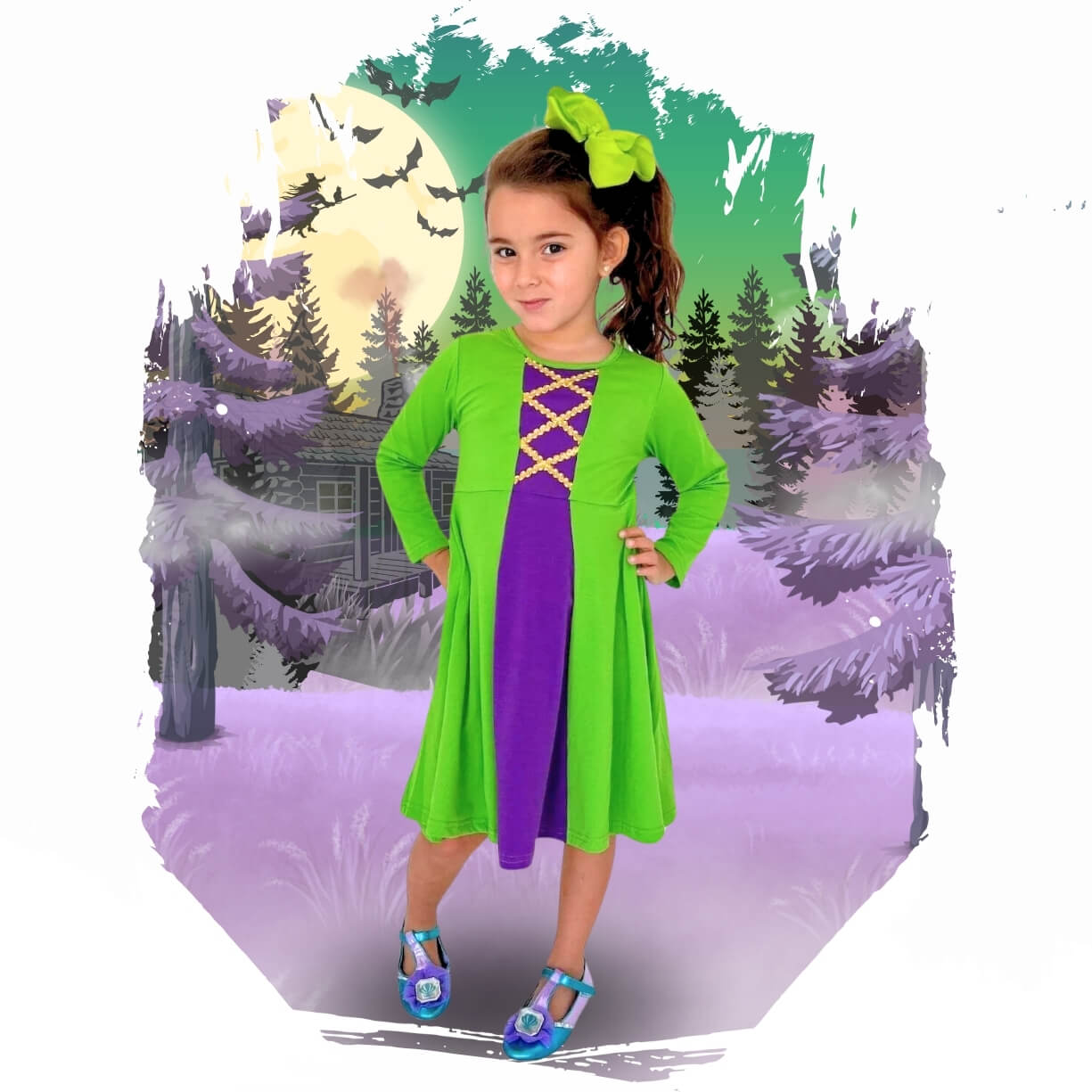 green and purple witch outfit for kids and toddlers inspired by winnie sanderson of hocus pocus. halloween costume for kids and toddlers